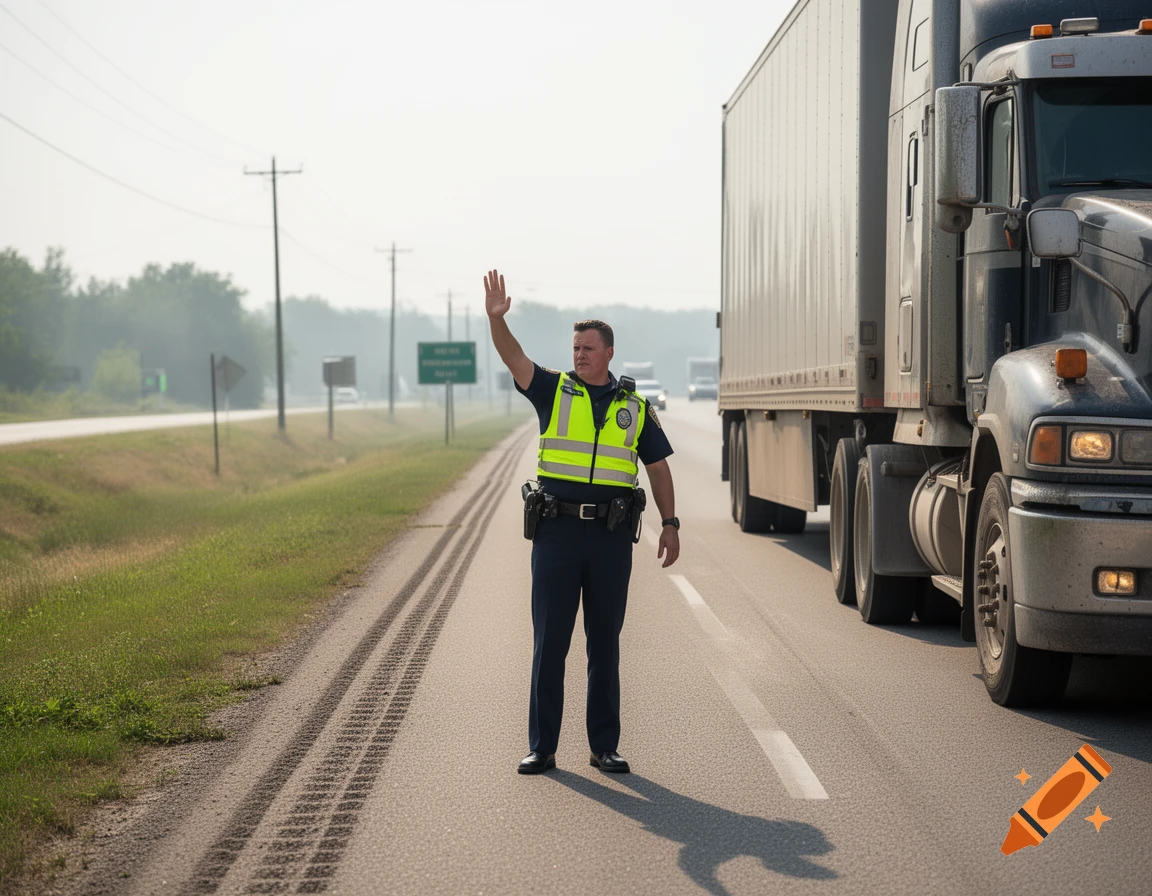 Photorealistic image of a police officer in high-vis vest stopping a semi-truck on a highway.