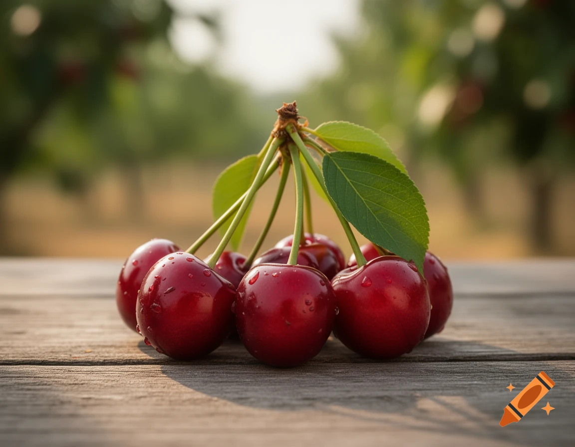 Photorealistic close-up of fresh red cherries with water droplets and green leaves on a wooden table.