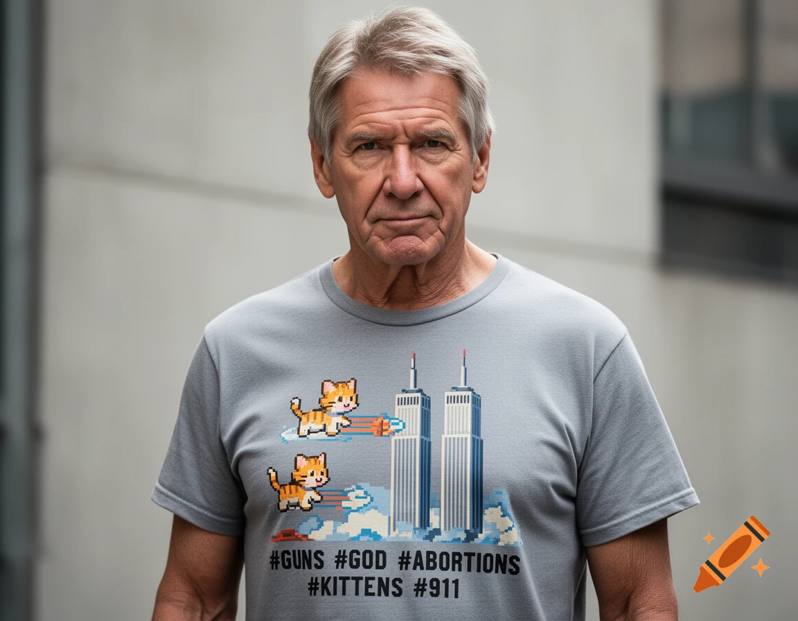Photorealistic portrait of an older man wearing a grey t-shirt featuring pixel art of cats and the Twin Towers.