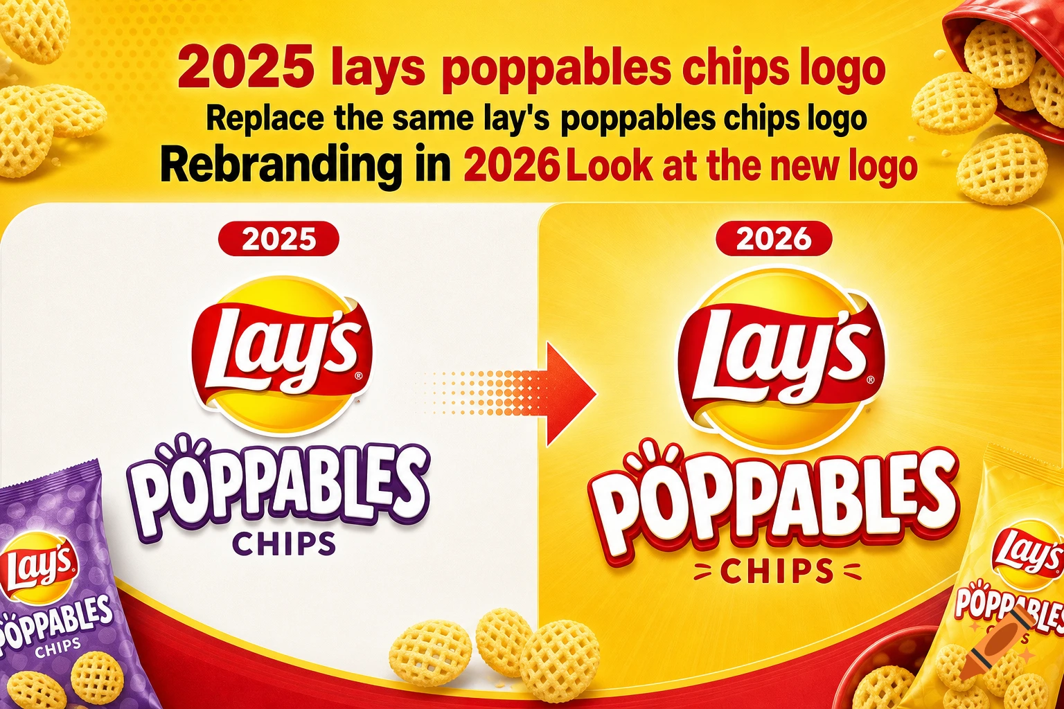 Comparison of Lay's Poppables chips logo rebranding from 2025 to 2026 with product packaging and snacks on a yellow background.