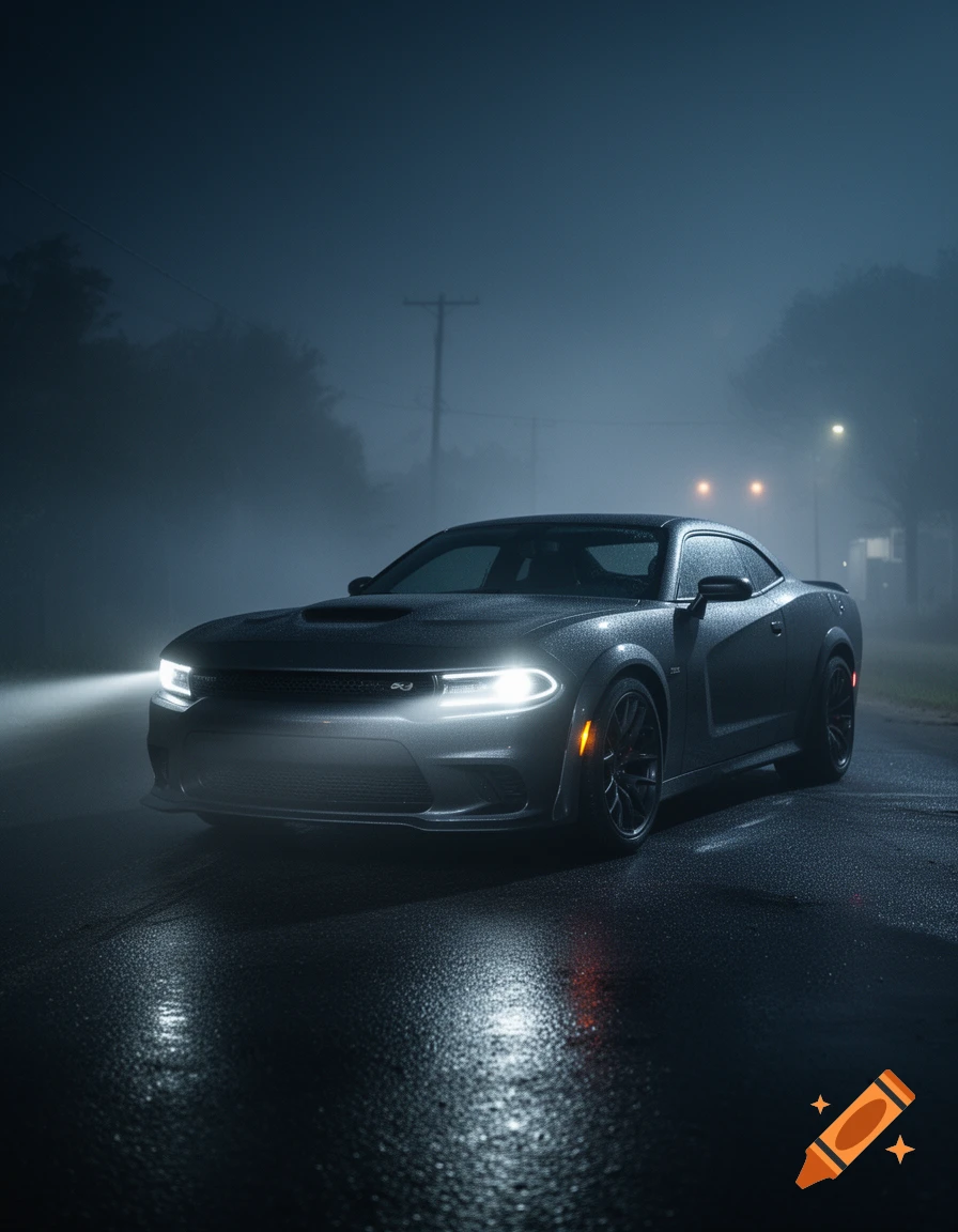 A dark gray muscle car parked on a wet road in thick fog at night, with headlights glowing.