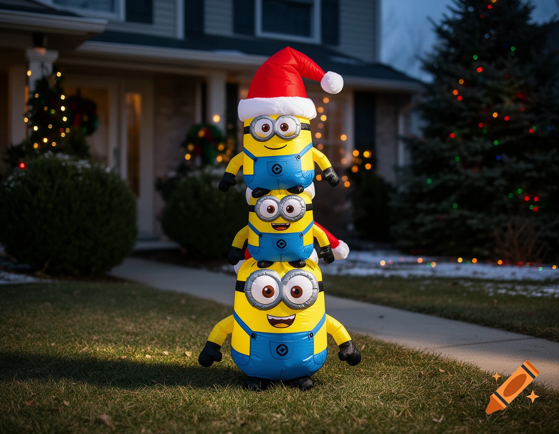 A stack of three Christmas Minion inflatables wearing Santa hats on a front lawn at dusk.