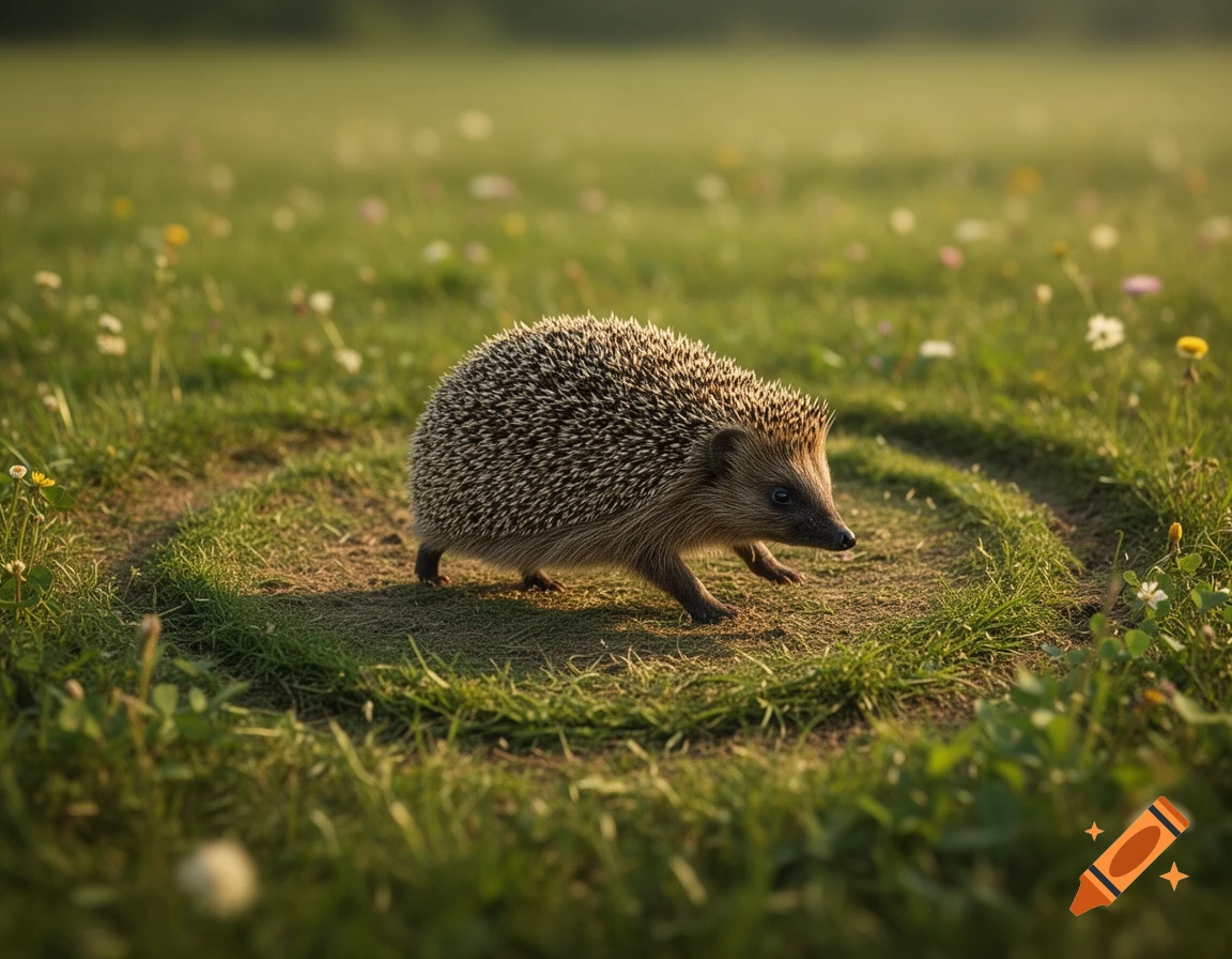Photorealistic hedgehog walking in a circular path worn into a green grassy meadow.