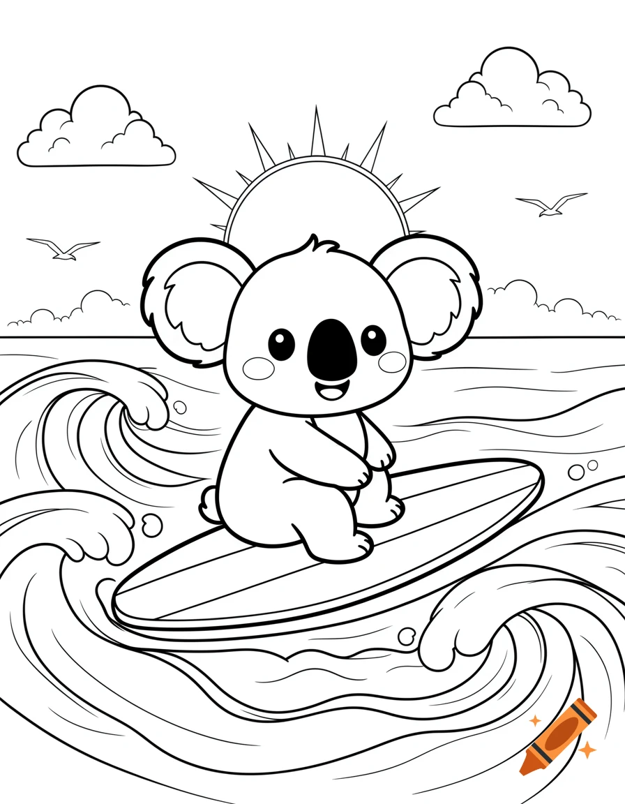 Black and white coloring page of a cute koala surfing on a wave with the sun and clouds in the background.