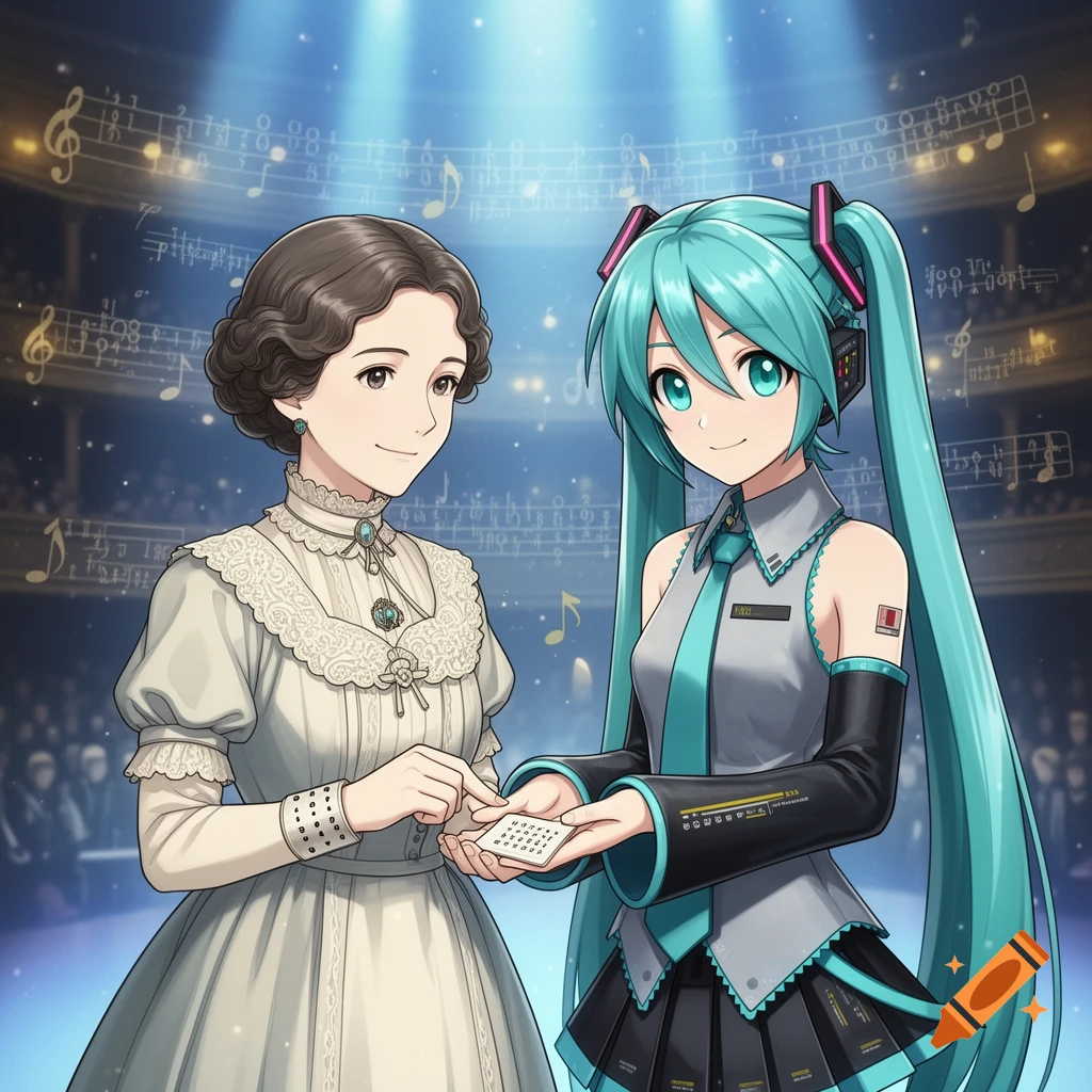 Anime style illustration of a historical woman and Hatsune Miku in a concert hall holding a small card together.