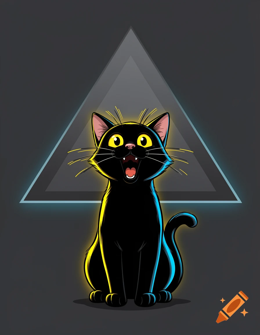 Digital illustration of a smiling black cat sitting in front of a glowing grey triangle.