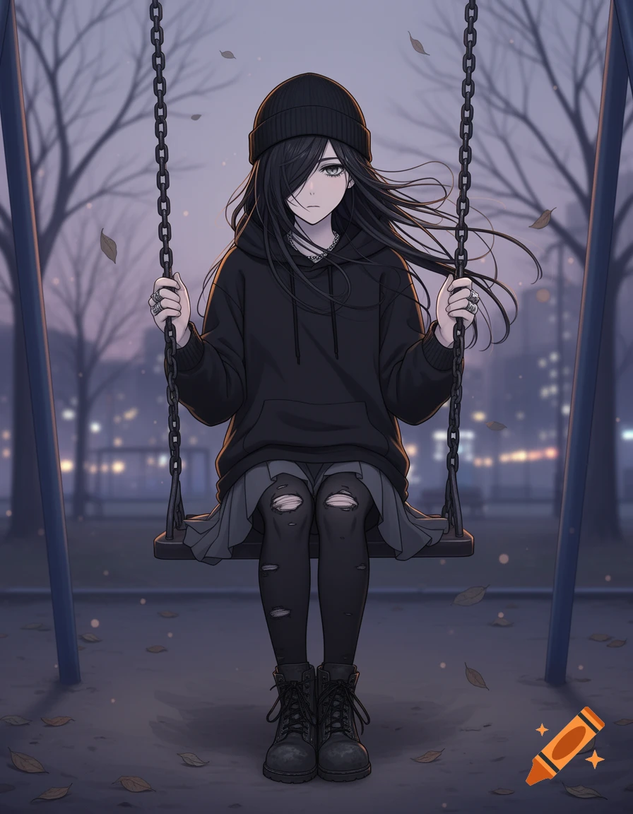 Anime style illustration of an emo girl in a black hoodie and beanie sitting on a swing at dusk.