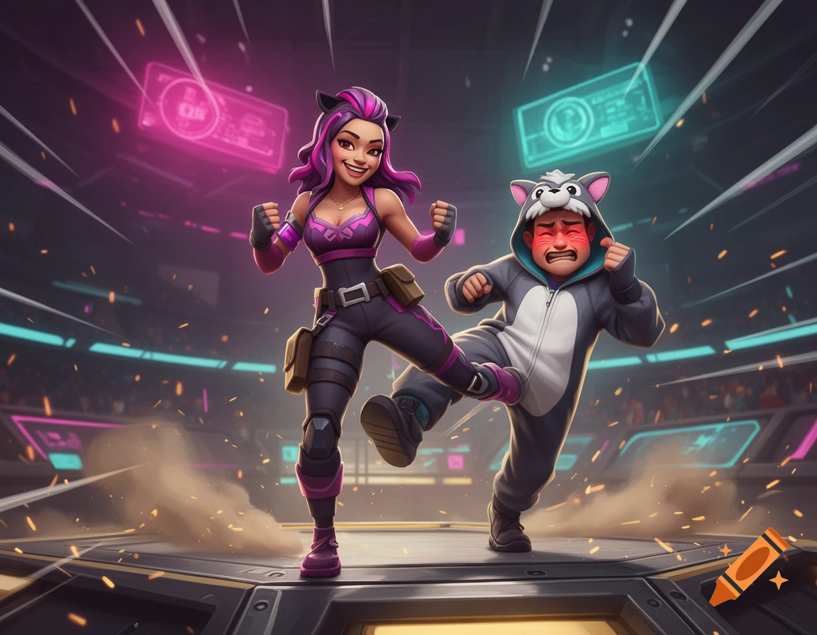3D digital illustration of a female video game character in purple outfit kicking a male character in a grey onesie in an arena.