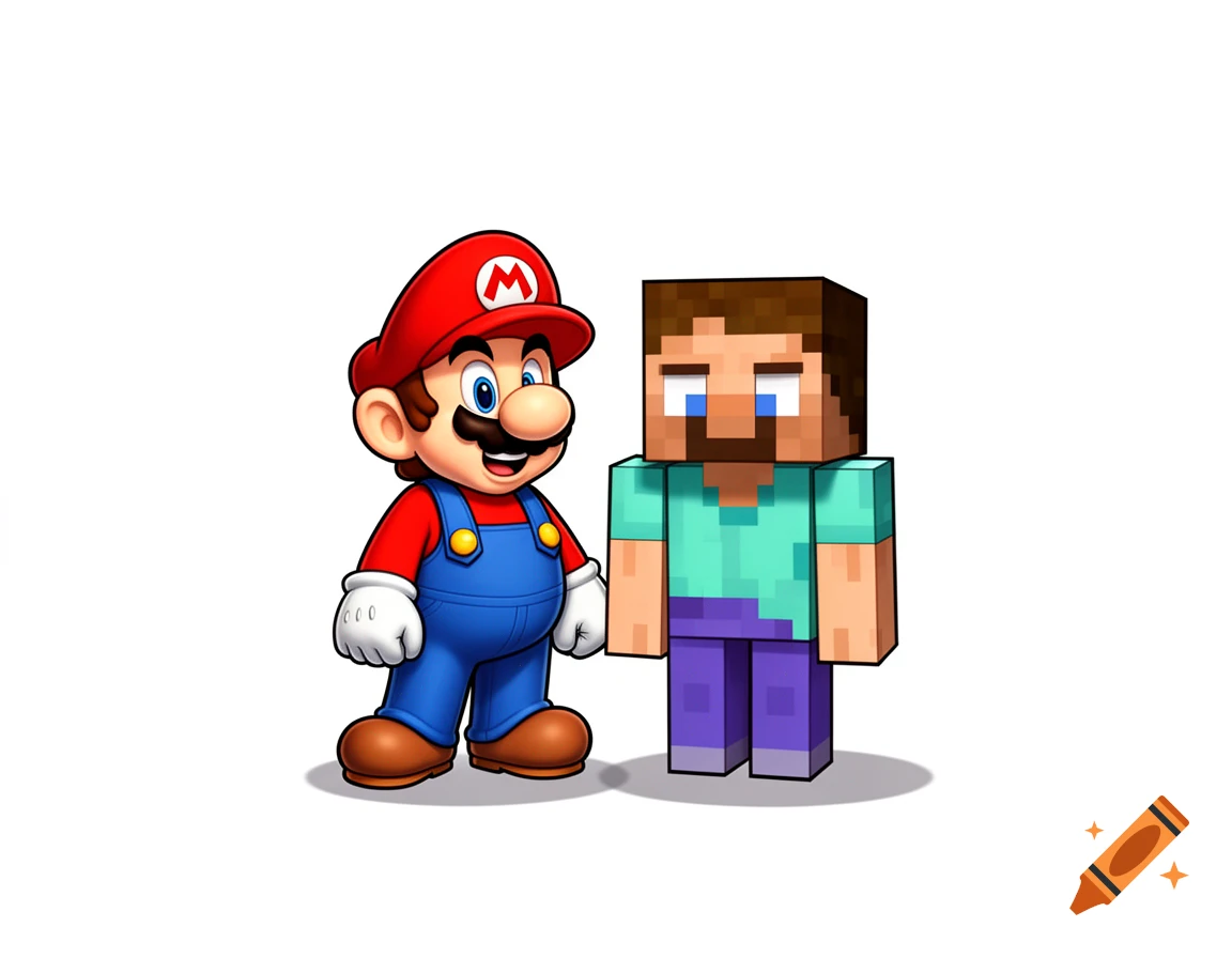 Digital cartoon illustration of Mario standing next to a blocky Minecraft character against a white background.