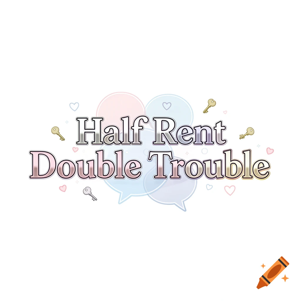 Stylized text reading Half Rent Double Trouble with keys and hearts on a white background.