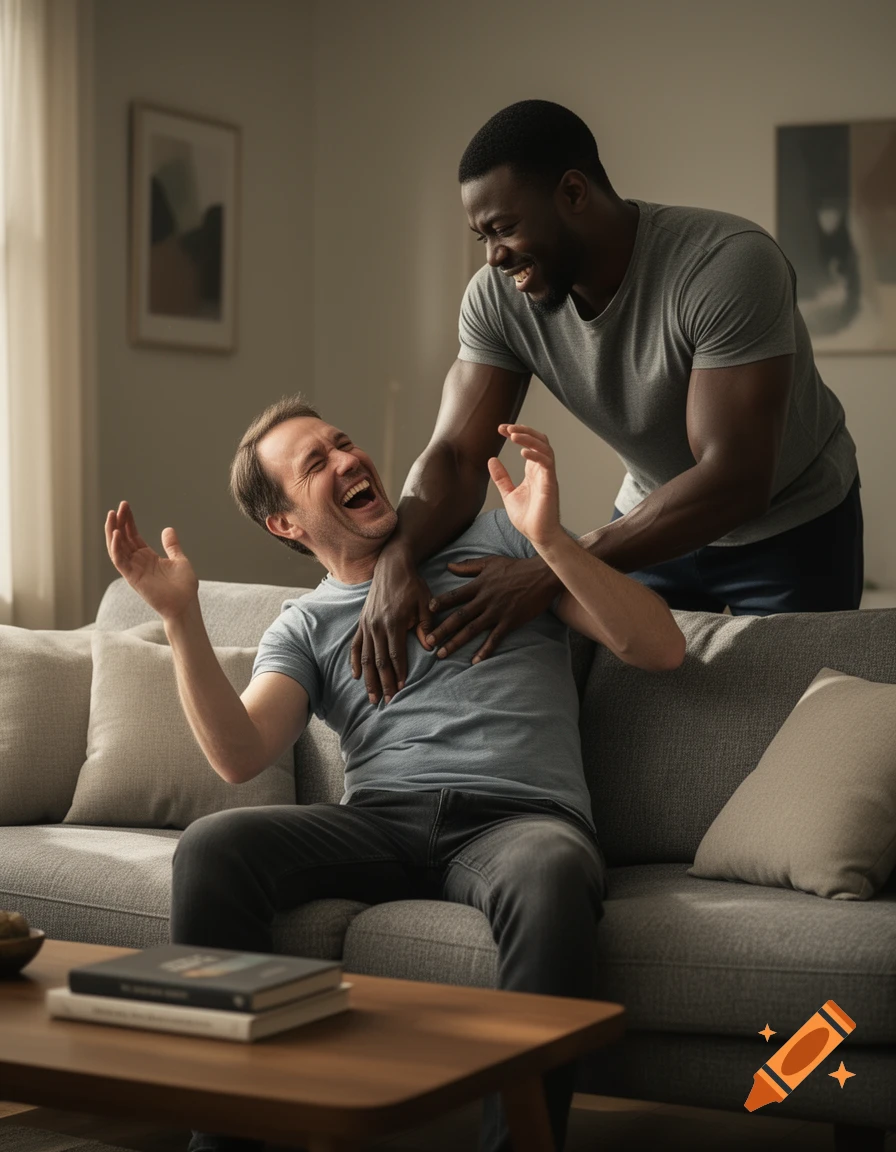 Photorealistic scene of two men laughing on a gray couch as one tickles the other in a living room.