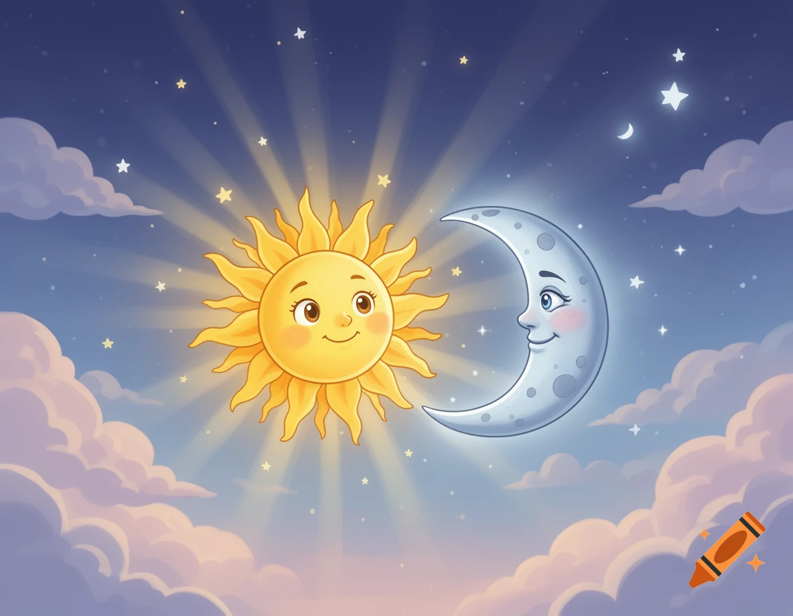 Cartoon illustration of a smiling sun and crescent moon in a starry night sky with clouds.
