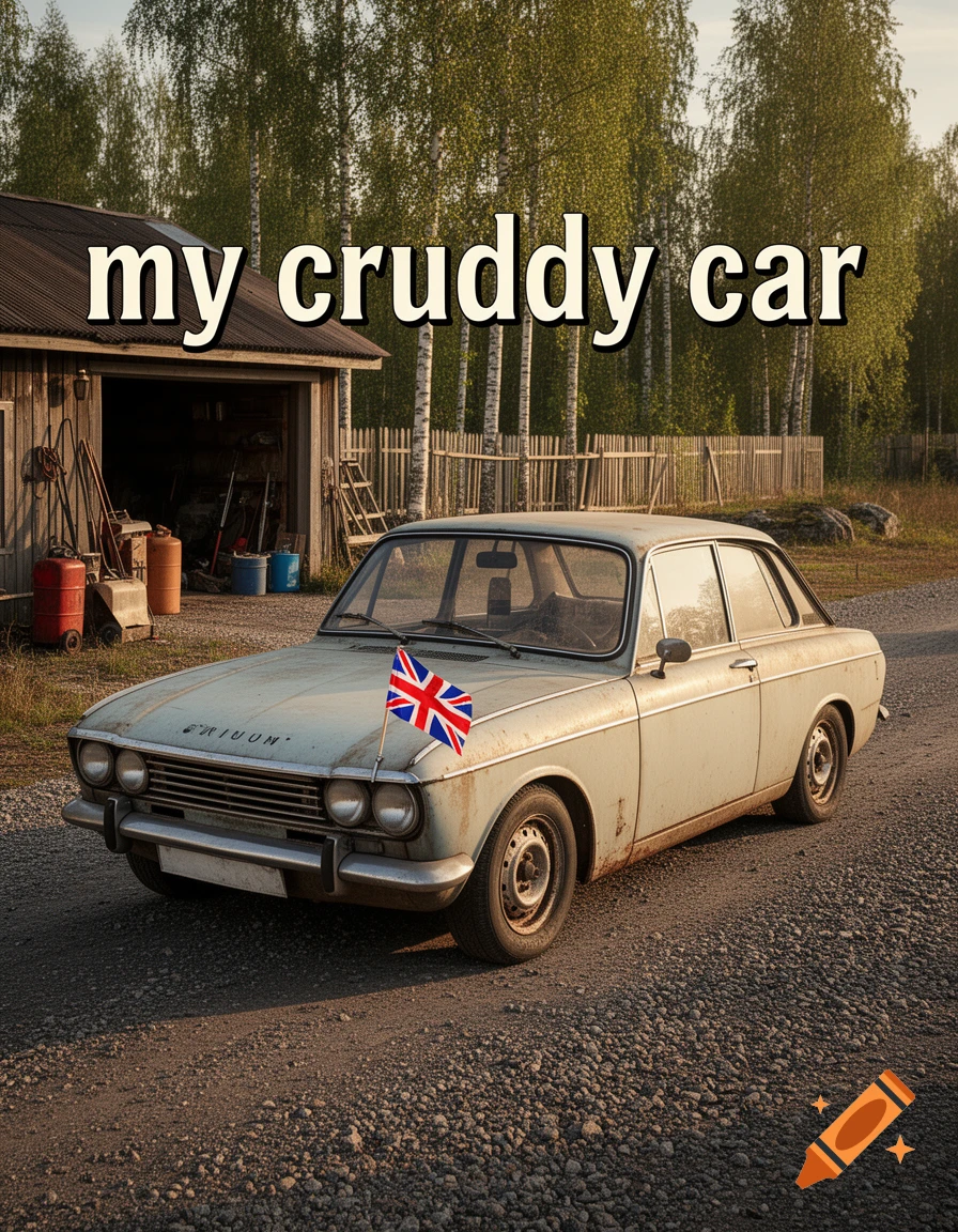 Photorealistic poster featuring a dusty vintage car parked in front of a rustic wooden barn with the text my cruddy car above.