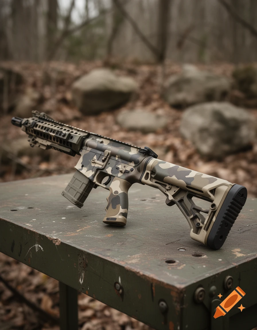 Photorealistic close-up of a camouflage-patterned rifle resting on a metal workbench outdoors.