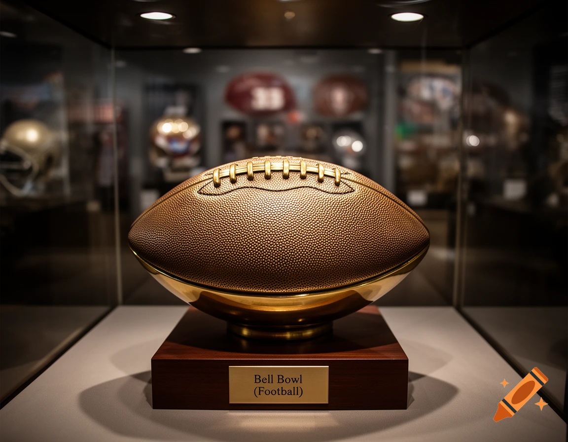 A photorealistic golden football trophy displayed inside a glass case on a wooden base with the label Bell Bowl (Football).