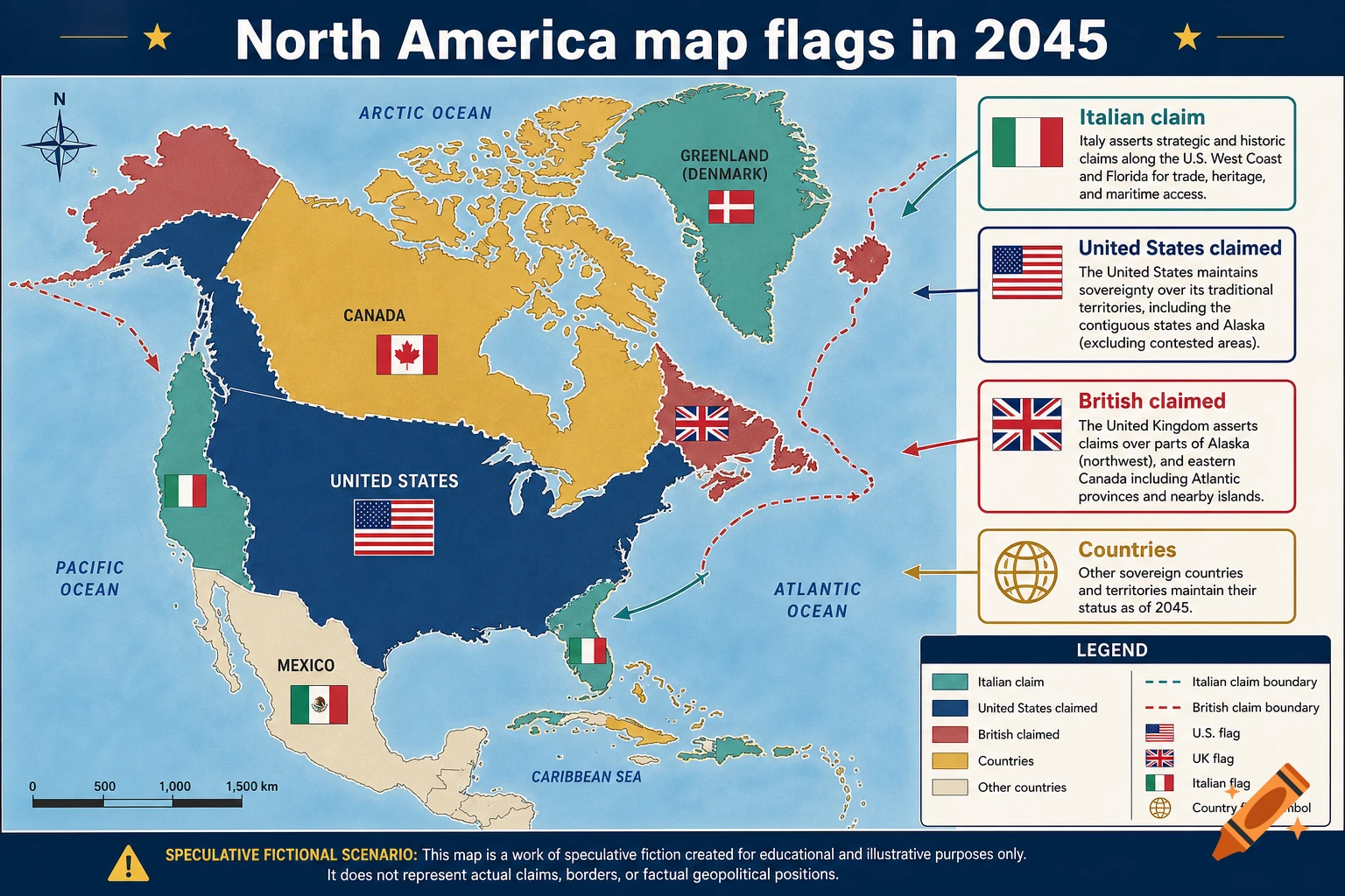 Fictional map of North America in 2045 showing territorial claims by Italy, US, and UK with flags and legend.