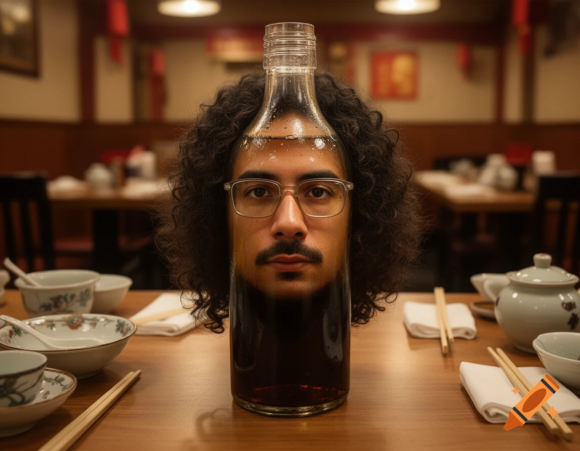 Photorealistic surreal image of a man's face and curly hair merged into a soy sauce bottle sitting on a restaurant table.