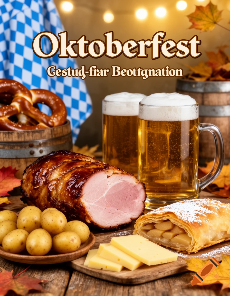 Photorealistic poster for Oktoberfest featuring large steins of beer, a roasted ham, pretzels, potatoes, strudel, and cheese.