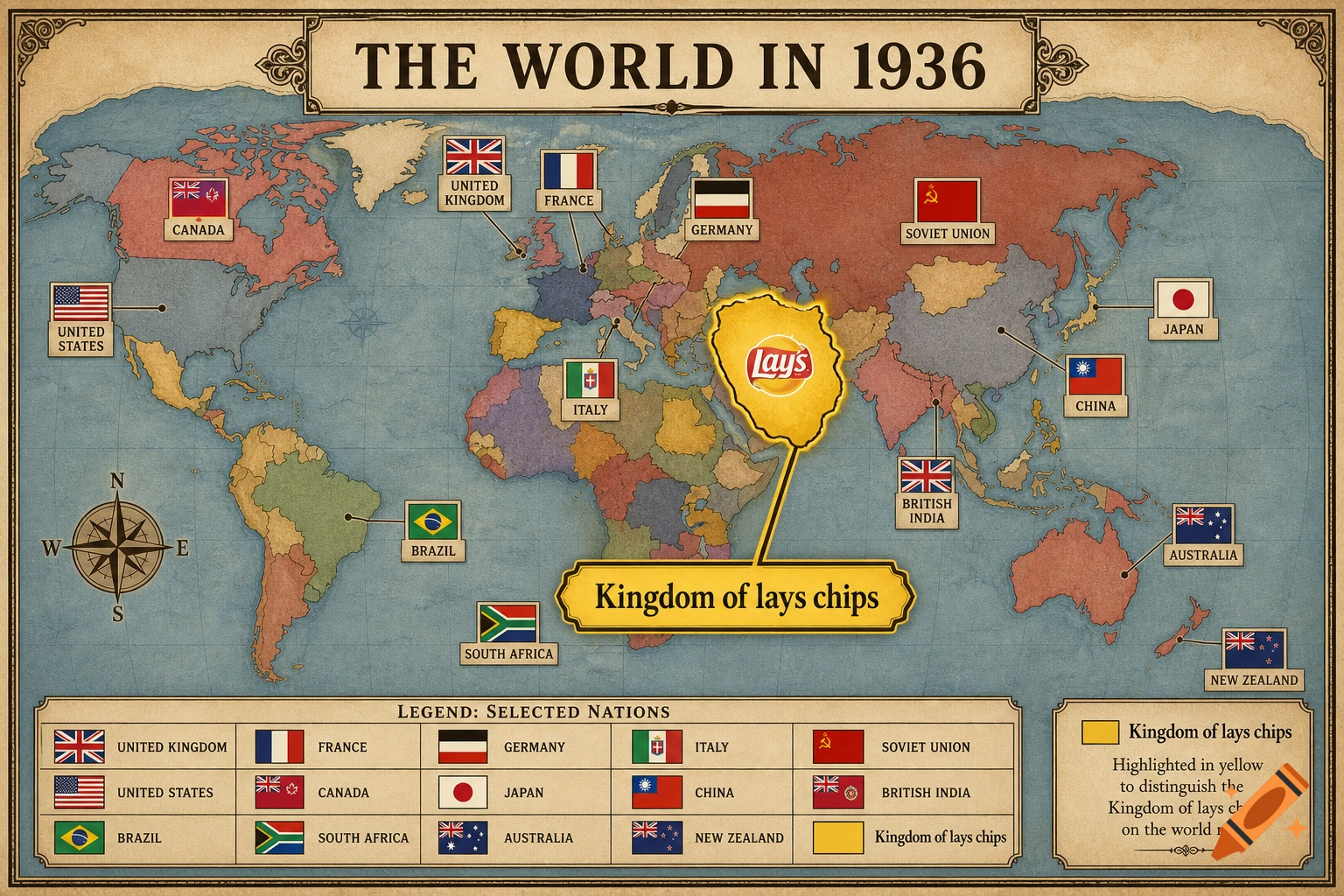 A vintage 1936 world map featuring flags of various nations and a fictional yellow highlighted region labeled Kingdom of lays chips.