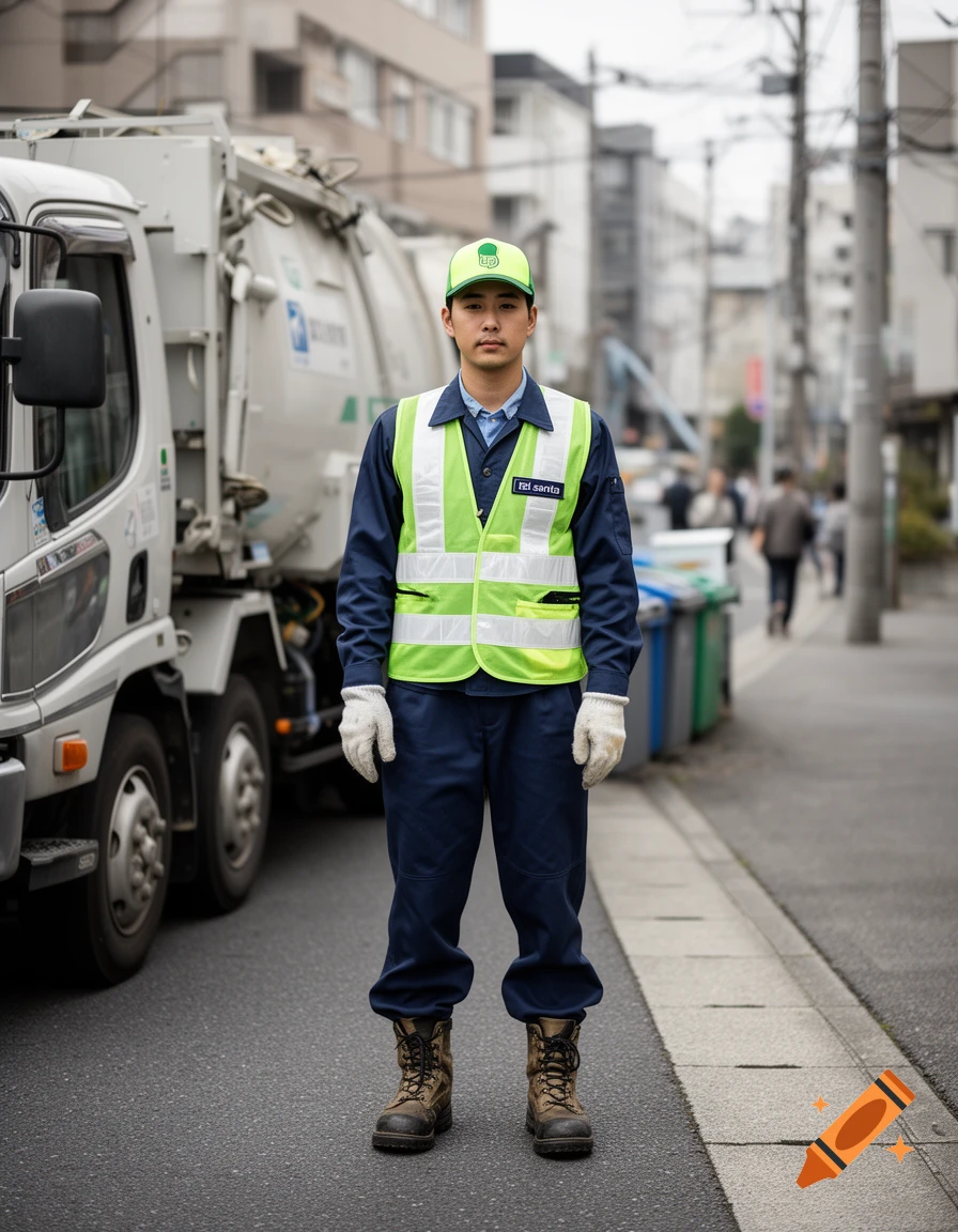 Photorealistic full-body portrait of a sanitation worker wearing a high-visibility vest and cap, standing next to a garbage truck on a city street.
