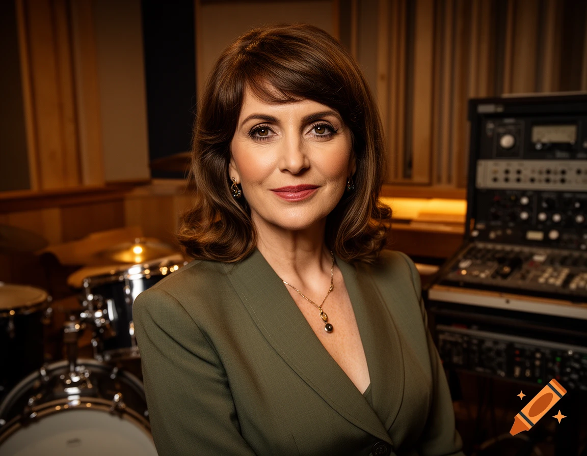 Photorealistic portrait of a woman resembling Ringo Starr in a green suit, standing in a recording studio with drum kits and mixing consoles.