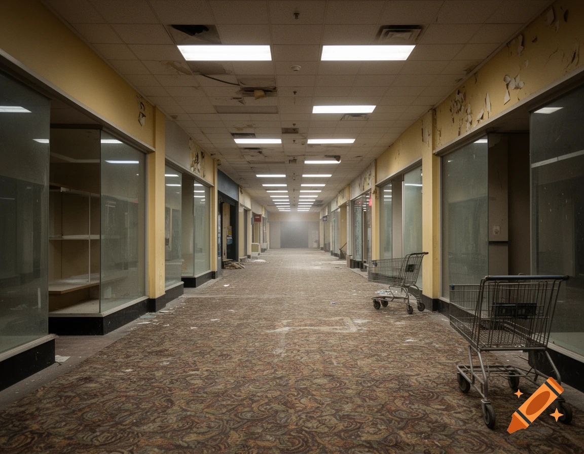 An abandoned, eerie mall corridor with a patterned carpet, empty storefronts, and shopping carts, lit by fluorescent ceiling lights.