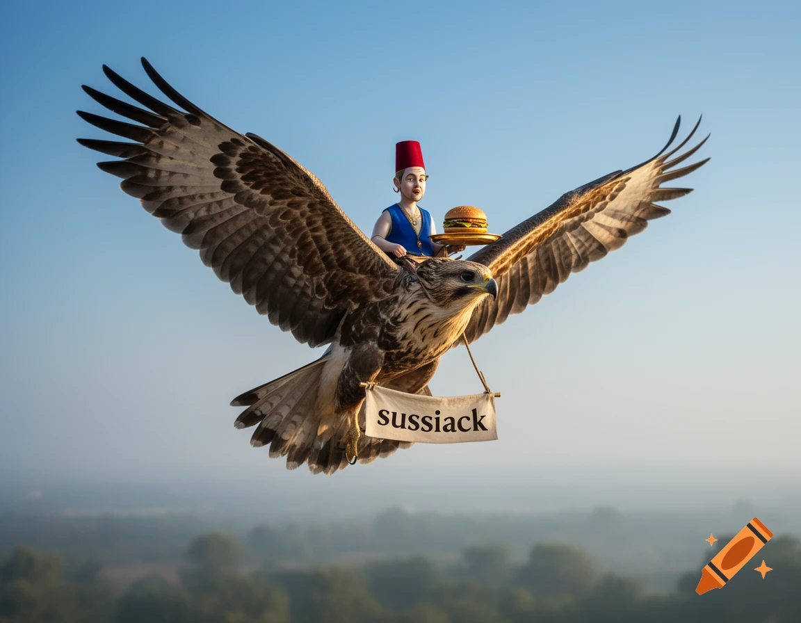 A large hawk flying in the sky carries a miniature genie wearing a red fez holding a burger and a banner that reads sussiack.