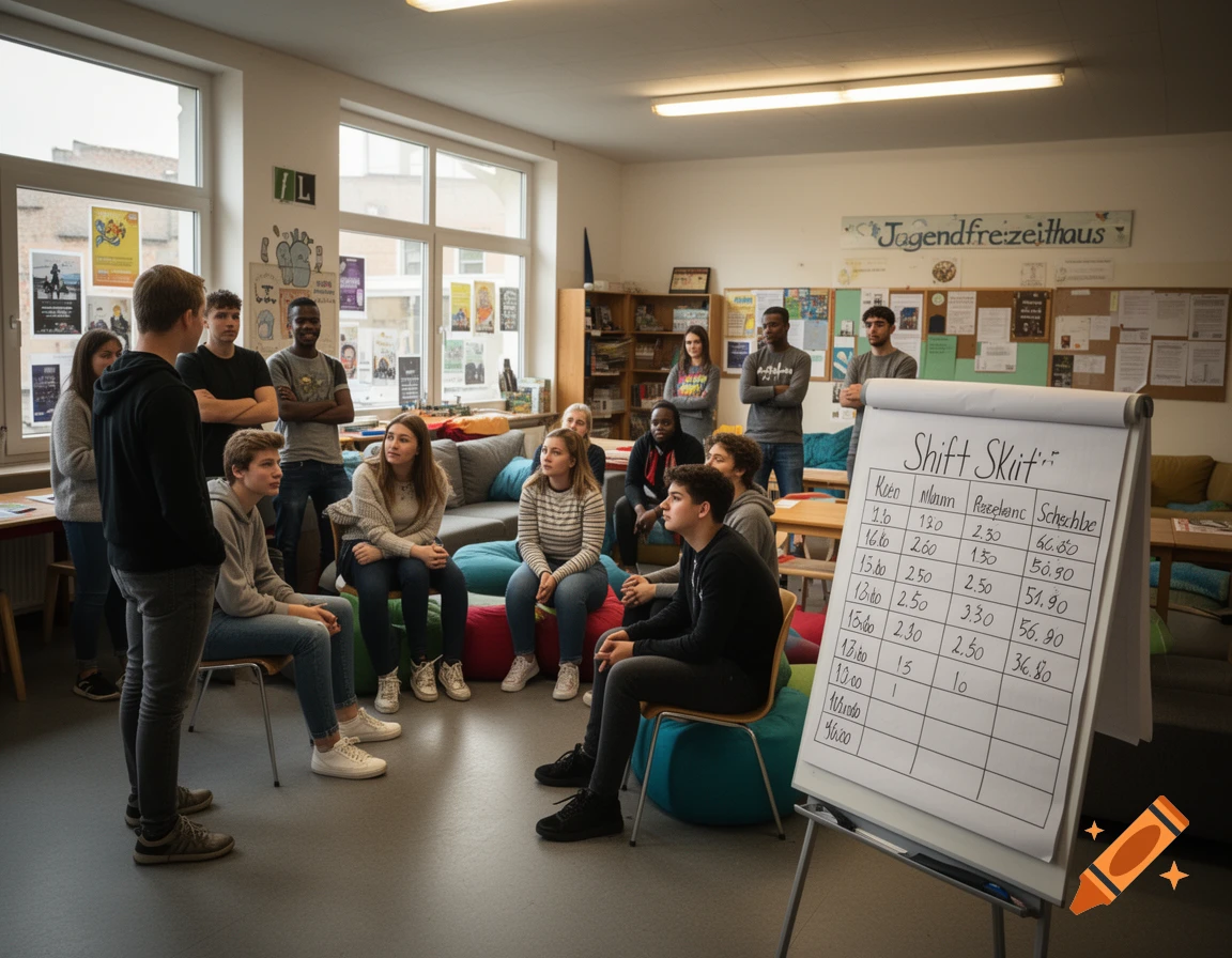 Photorealistic candid photo of a diverse group of young people in a youth center having a plenary discussion.