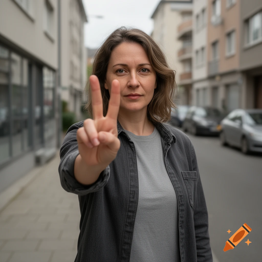 A woman standing on a city street, raising two fingers in a peace or gesture, photorealistic.