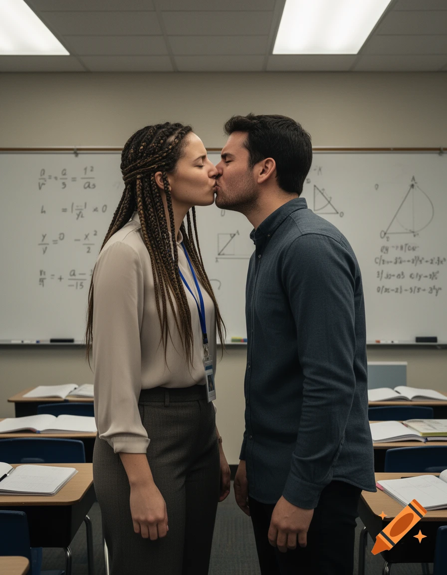 Photorealistic image of a female teacher with braids and a male student kissing in a classroom in front of a whiteboard with math formulas.