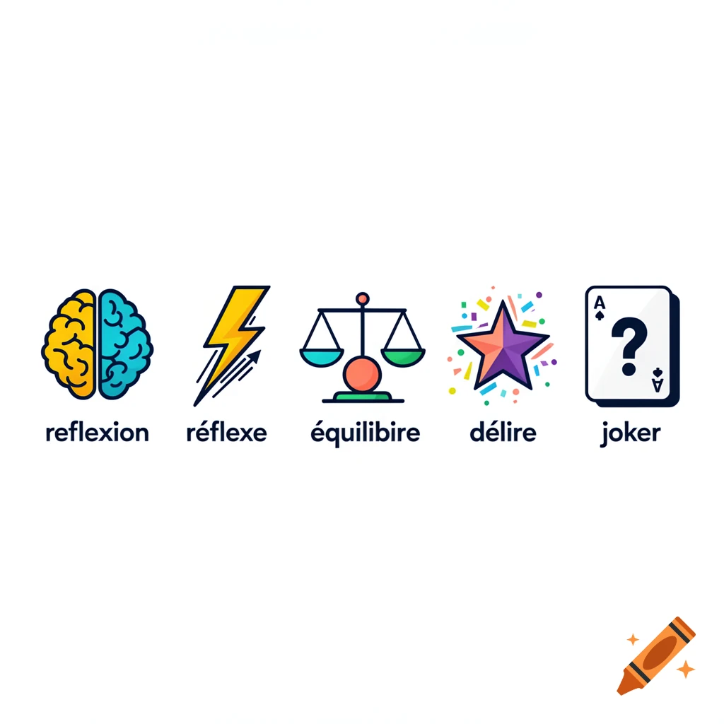 Five flat icons representing game categories with French text labels: brain, lightning bolt, scales, star, and playing card.