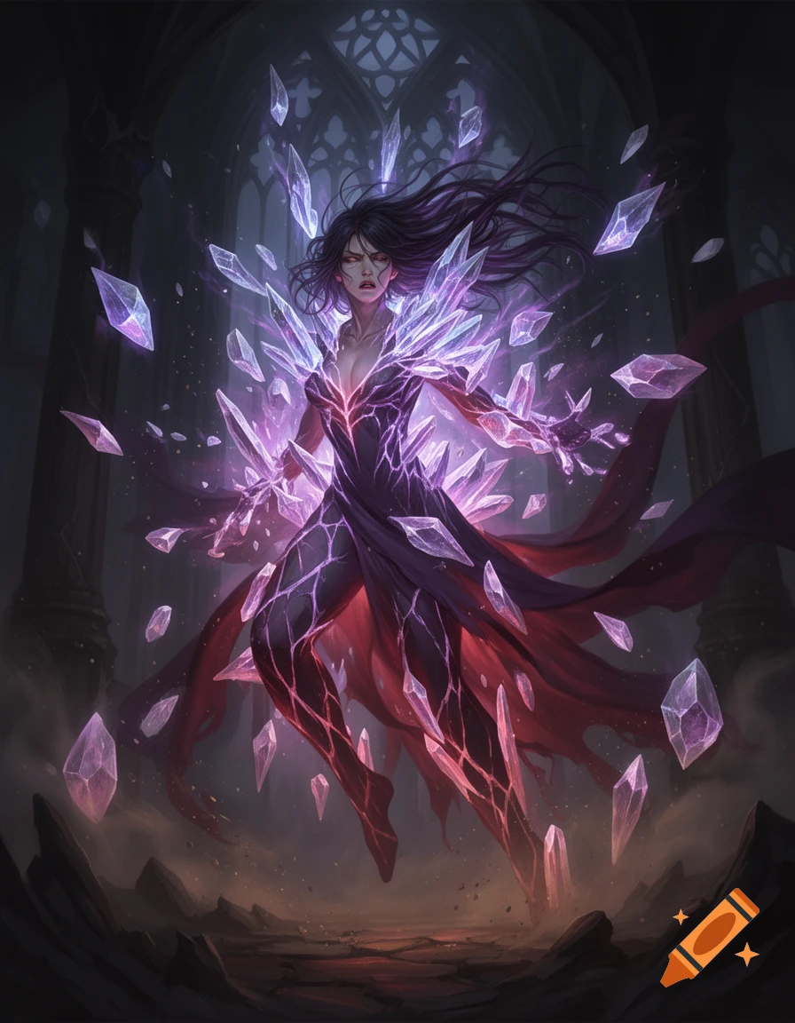 A fantasy digital painting of a dark-haired woman levitating, being corrupted by glowing purple crystals in a gothic hall.