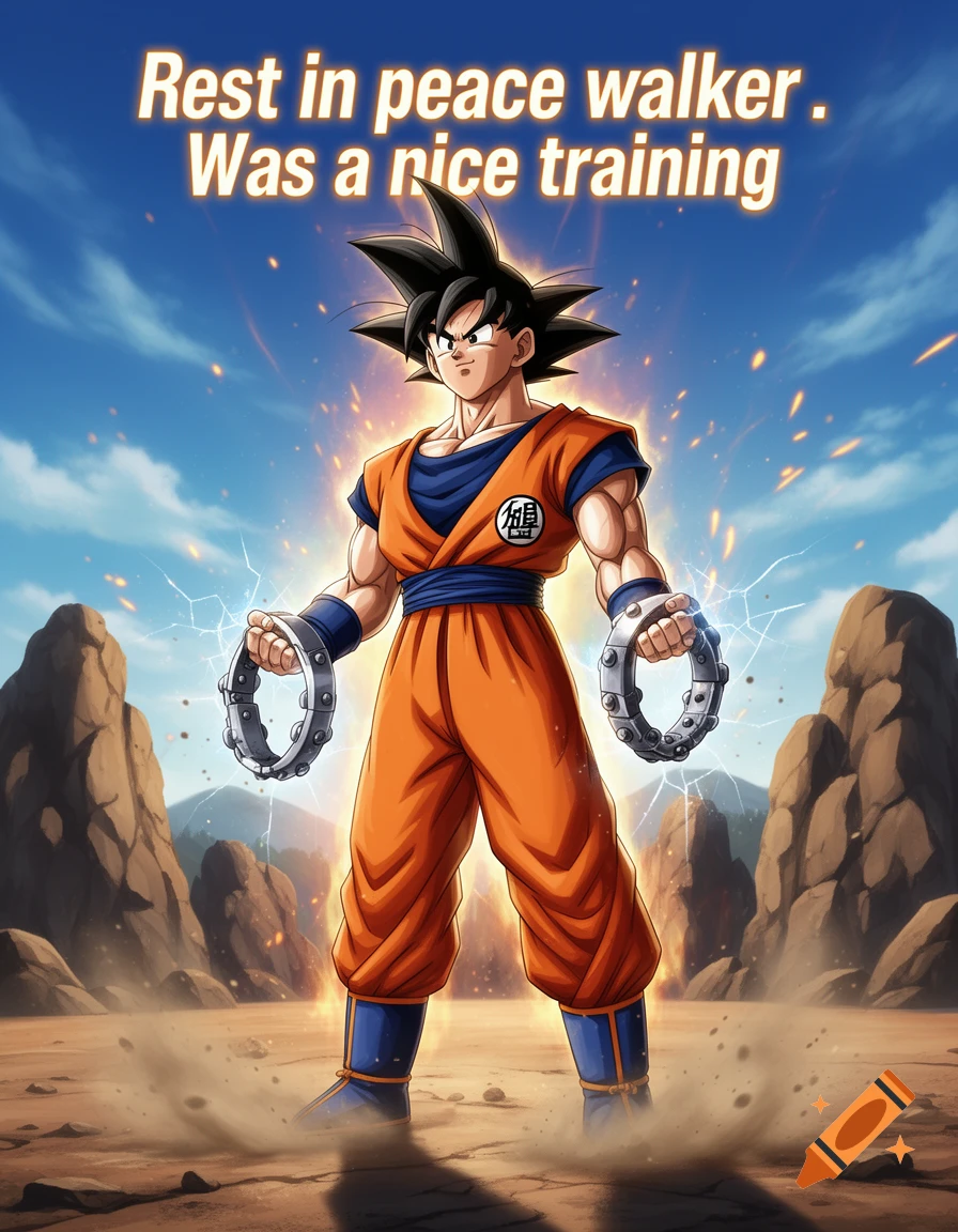 Anime style illustration of Goku standing in a rocky landscape holding weighted bracelets with text overlay.