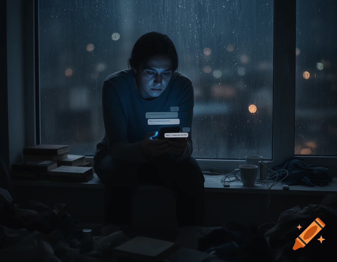 A melancholic person sits alone on a rainy windowsill, illuminated by the cold blue glow of their smartphone.