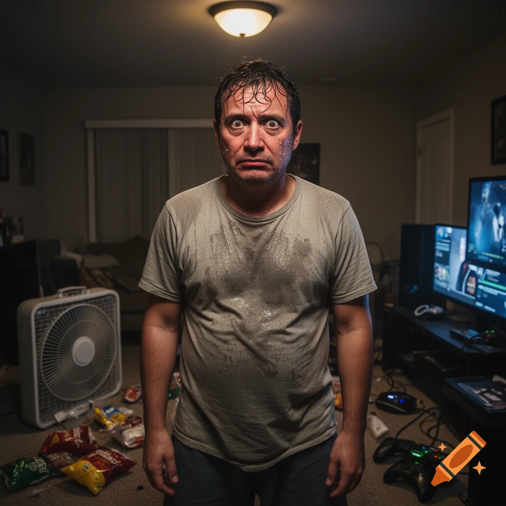 Photorealistic image of a sweaty, stressed middle-aged man standing in a messy room with a fan and game controllers.
