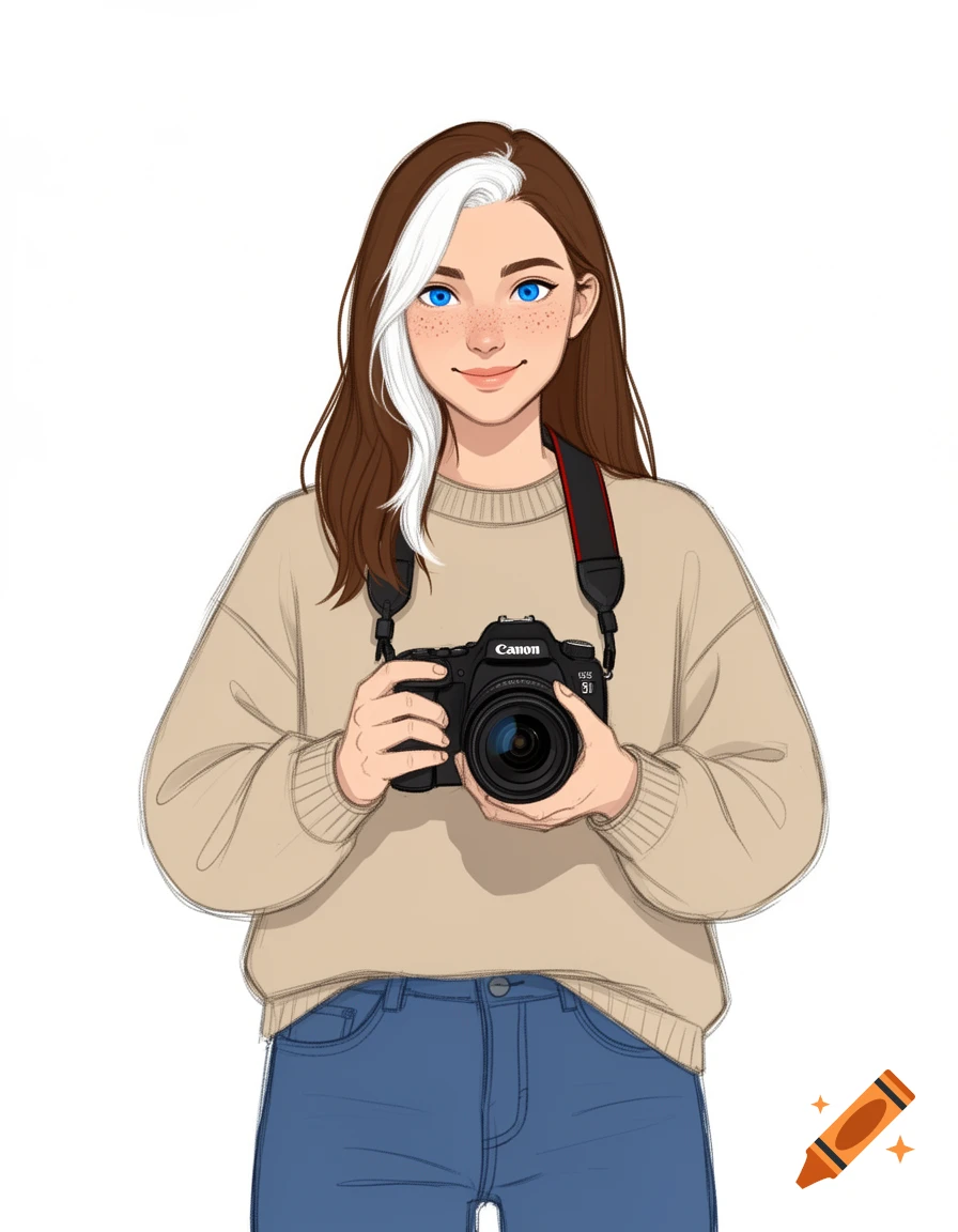 Flat color sketch illustration of a 25-year-old woman with blue eyes, freckles, and a white streak in her brown hair, holding a Canon camera.