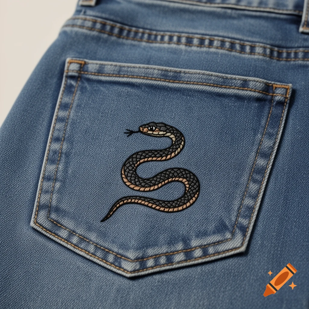 Close-up photorealistic shot of blue denim jeans with a pocket featuring minimalist snake embroidery.