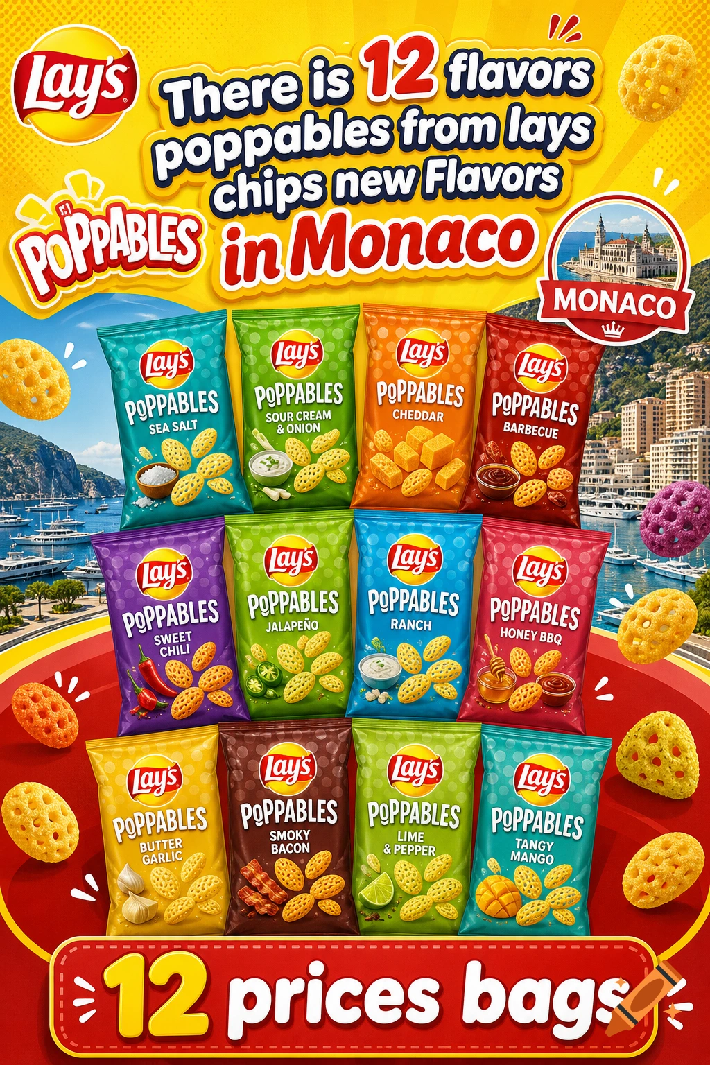 An advertisement for twelve new flavors of Lay's Poppables chips in Monaco featuring chip bags and scenery.