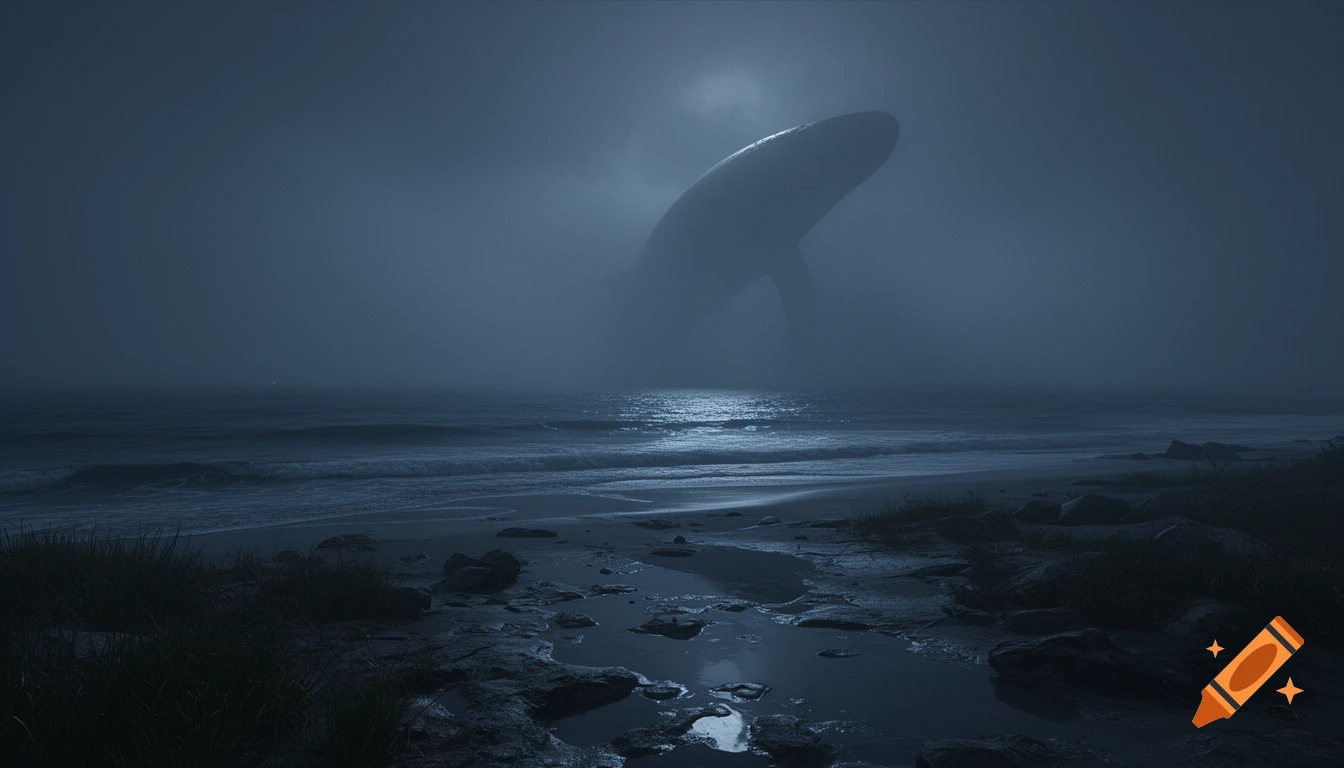 Photorealistic nighttime coastal landscape showing a massive leviathan silhouette looming through dense fog over the dark ocean.