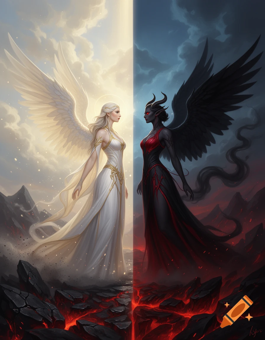 Digital painting of a light angel and a dark demon facing each other, divided by a vertical line of light and shadow.