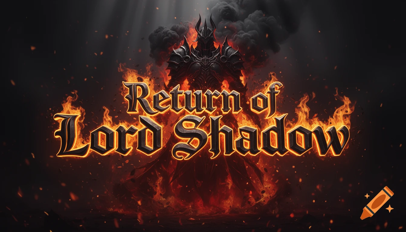 Dark fantasy title Return of Lord Shadow rendered in 3D fiery glowing text with a shadowy armored figure in the background.