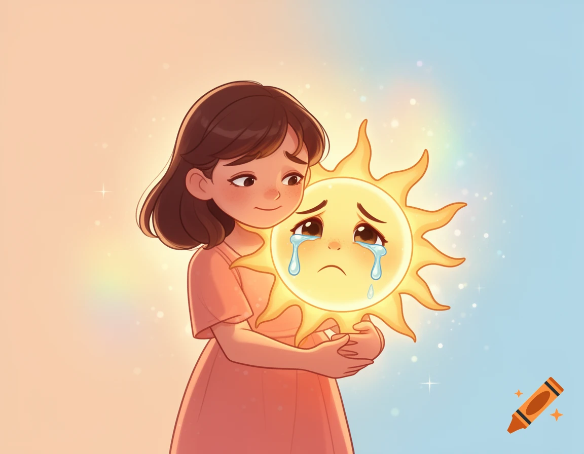 Digital cartoon illustration of a young girl gently hugging a crying cartoon sun.