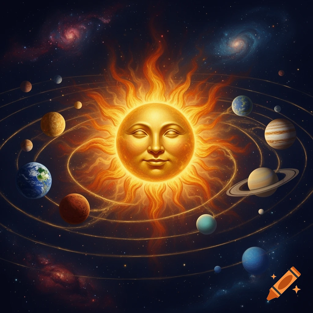 An artistic illustration of a smiling sun surrounded by orbiting planets in a starry galaxy.