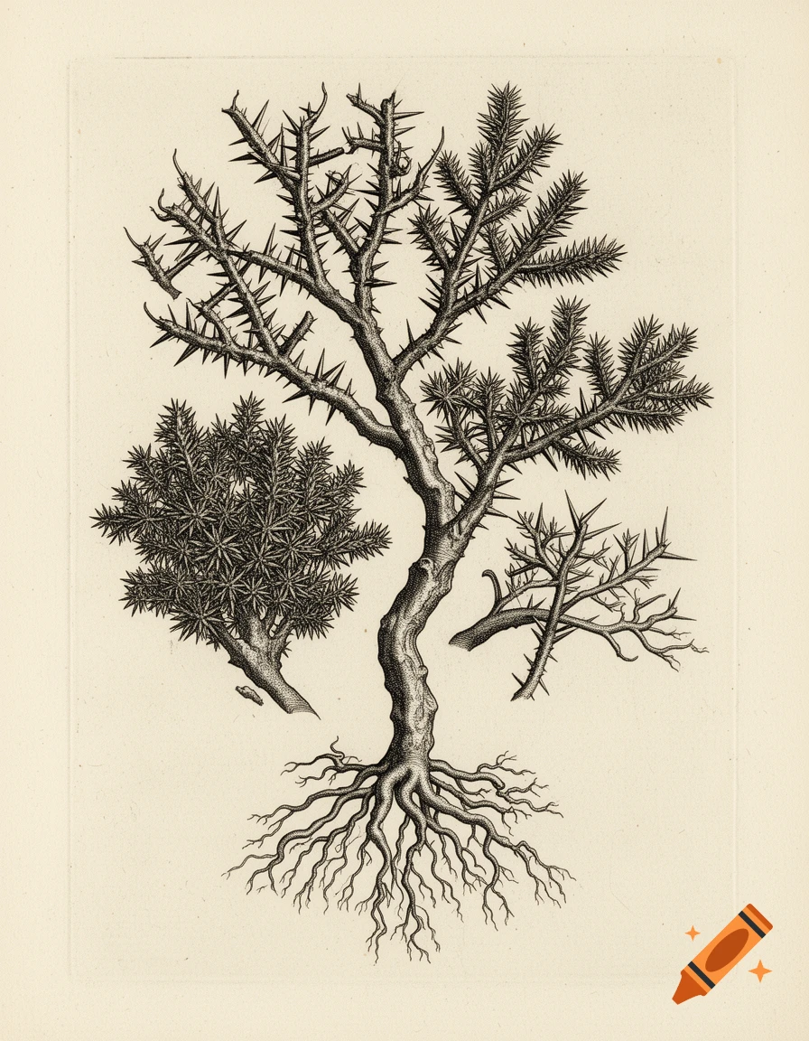 17th-century botanical etching of a thorny desert plant with twisted branches, sharp needles, and deep roots on parchment.