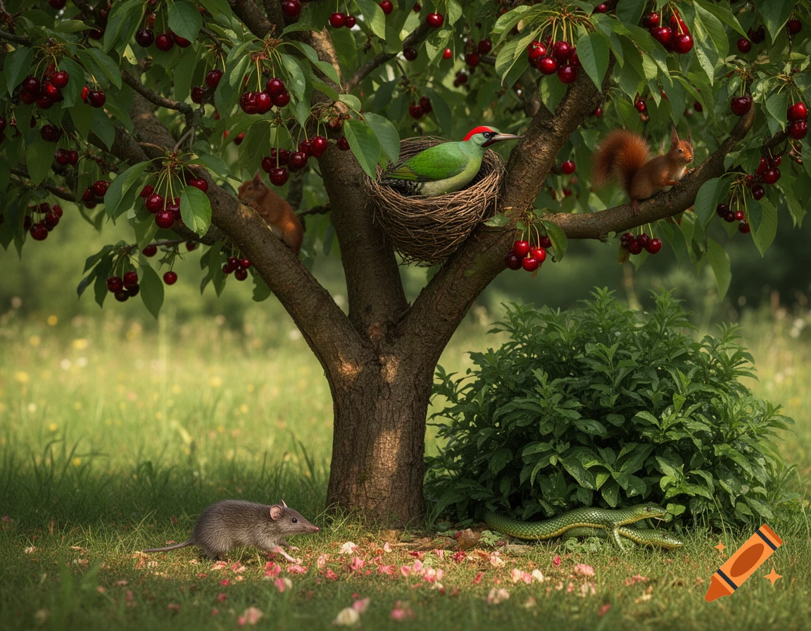 Photorealistic image of a cherry tree with a bird's nest, squirrels, a woodpecker, a snake under a bush, and a shrew in the grass.