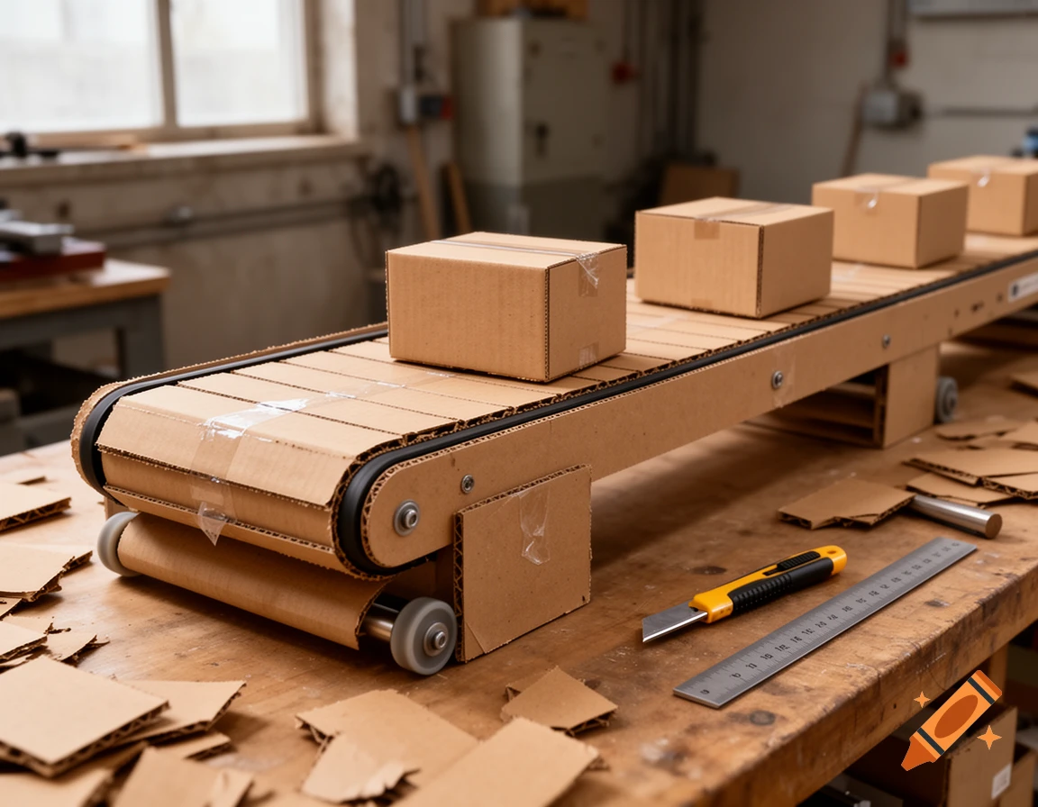 Photorealistic tabletop view of a miniature cardboard conveyor belt with boxes, a utility knife, and a metal ruler on a wooden workbench.