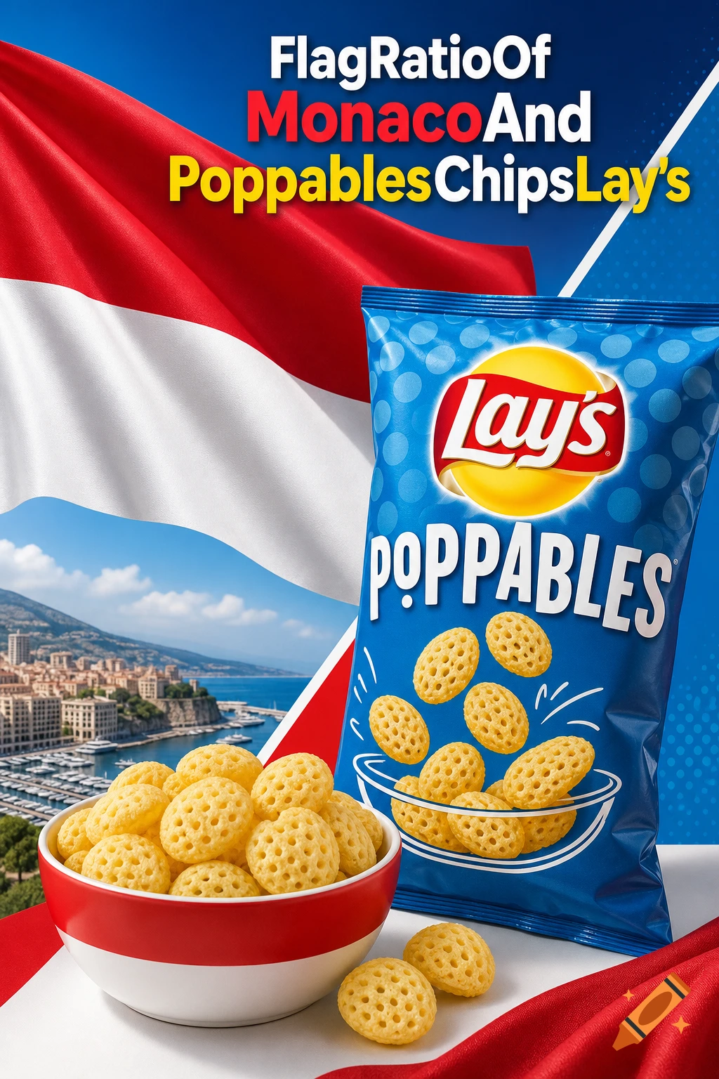 Photorealistic advertisement featuring a bowl and a bag of Lay's Poppables chips with the flag of Monaco in the background.