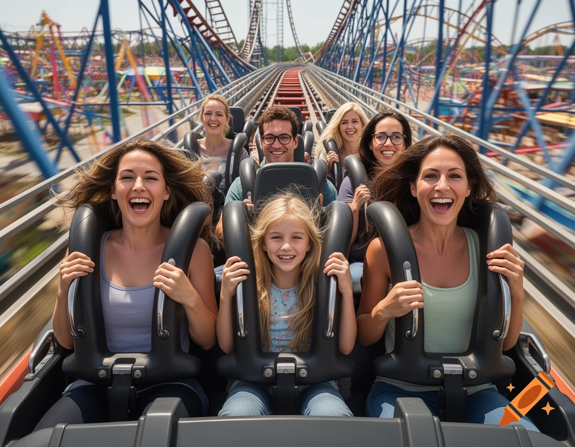 Photorealistic image of a diverse family riding a roller coaster at an amusement park, smiling and laughing during a steep drop.