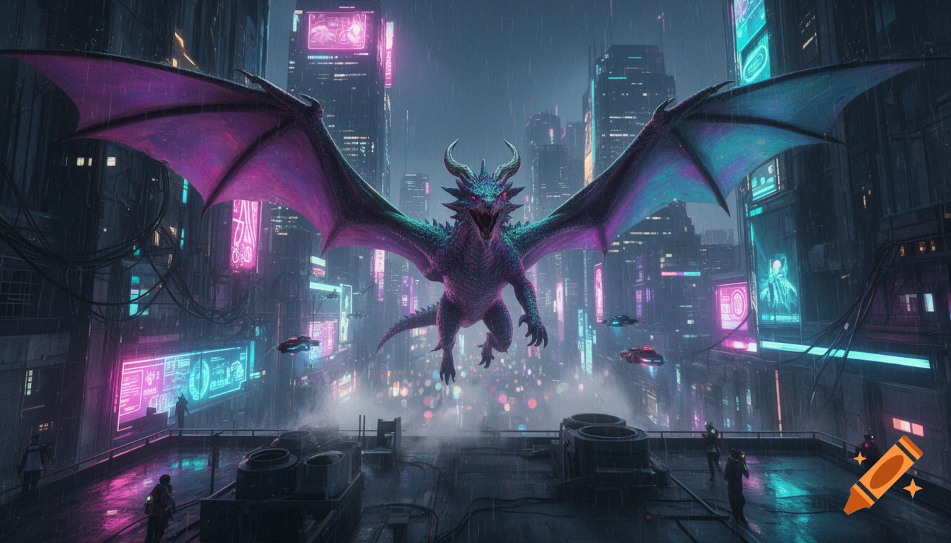 Cinematic shot of a majestic purple and blue dragon flying through a rainy cyberpunk city at night with neon lights.