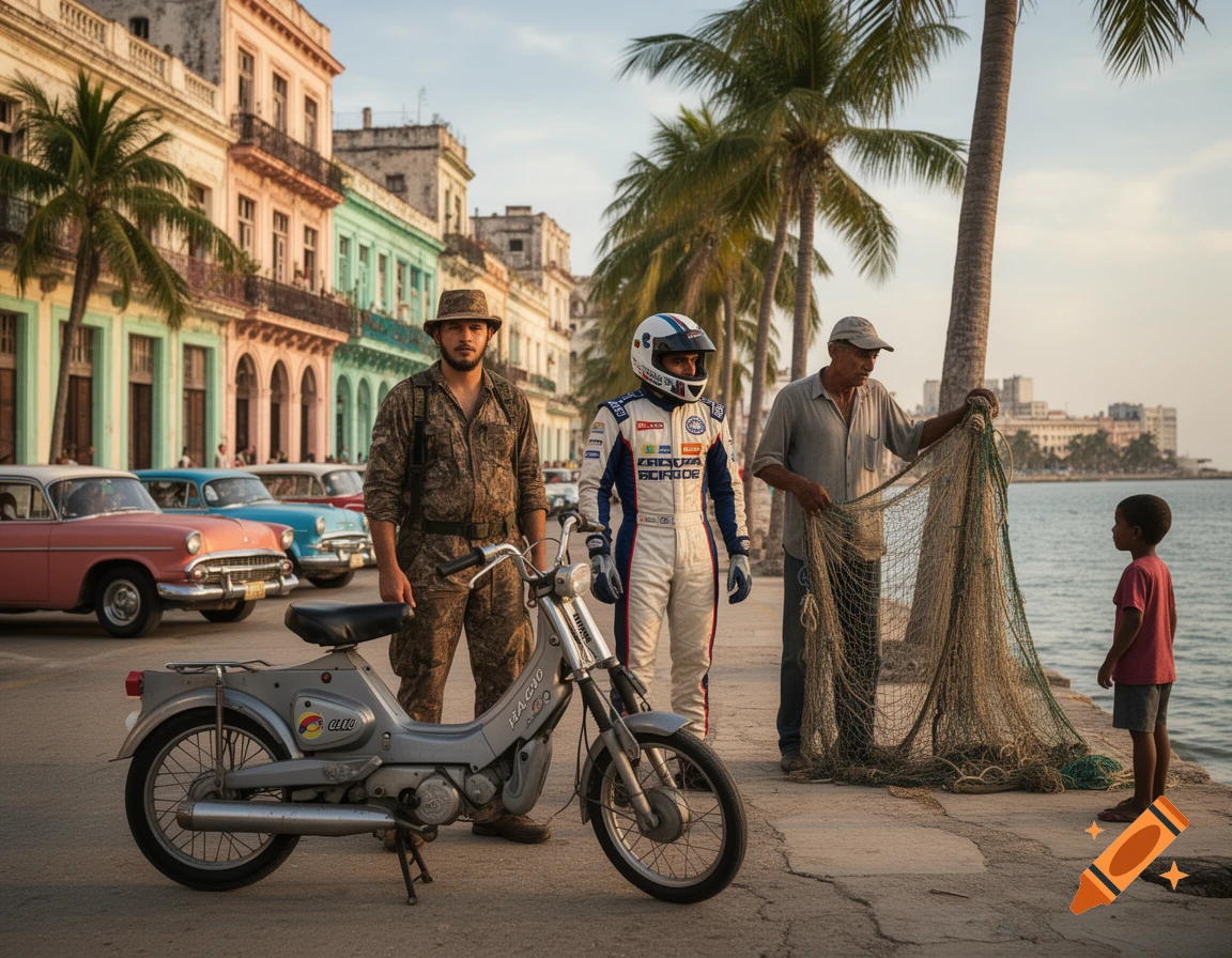 Photorealistic street scene in Havana with a man in camouflage, a rally driver, a fisherman, a vintage scooter, and a child.